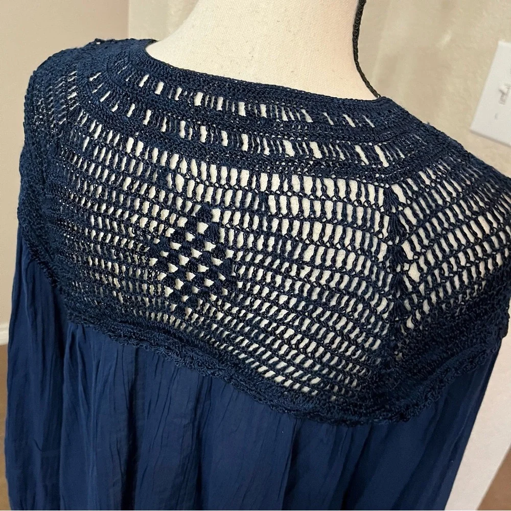 Free People Early Frost navy blue crocheted long sleeve blouse top Size S